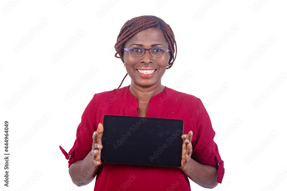 portrait of a beautiful businesswoman presenting a tablet, happy portrait of a beautiful businesswoman presenting a tablet, happy