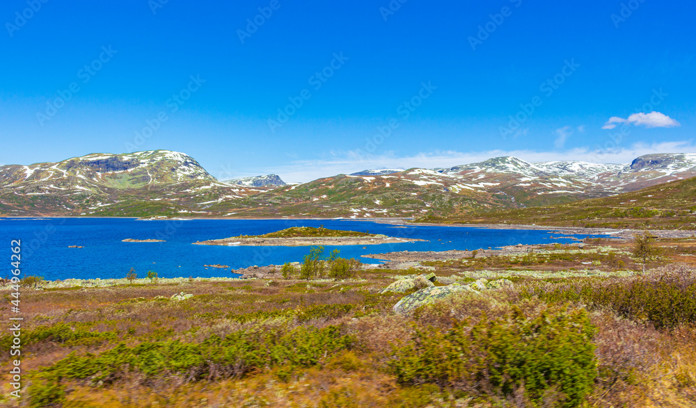 Amazing Vavatn lake panorama rough landscape boulders mountains Hemsedal Norway.