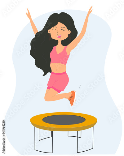 Cute cartoon girl jumping on the trampoline