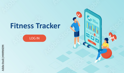 Vector of a man and a woman monitoring heart rate on smart phone fitness app checking workout data