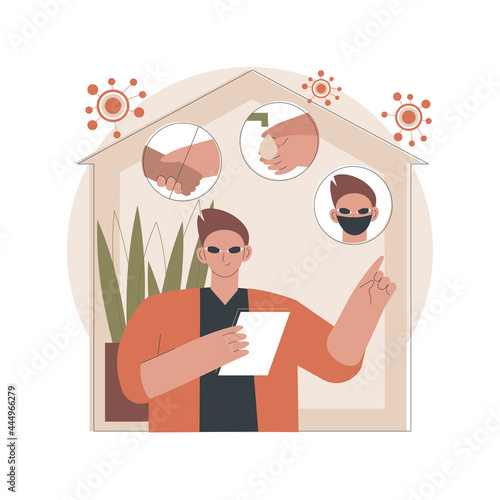 Stay at home abstract concept vector illustration. Forced isolation, covid19 outbreak prevention measures, social distance, governmental support, self protection, wear mask abstract metaphor.