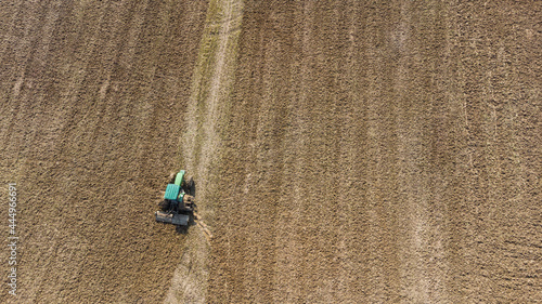 Aerial view of combine harvester. Rice Field Rural Brazilian Agriculture