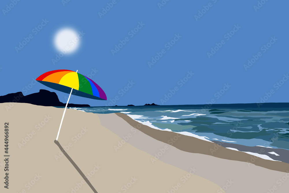 Beach. Sand, sea and mountains in the background. Colorful sunshade on a sunny day.