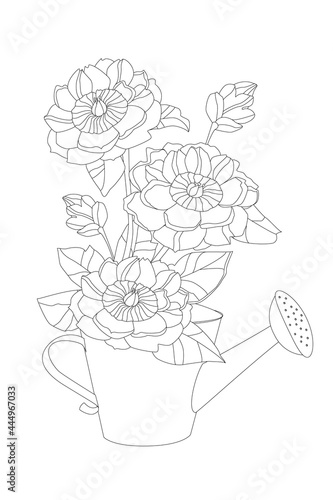 bouquet of fancy flowers in the watering can for your coloring b
