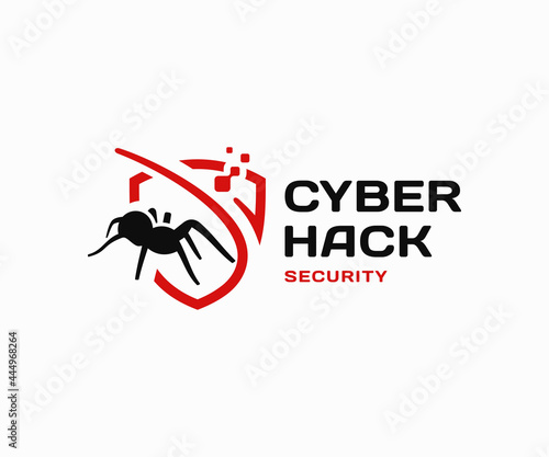 Computer virus definition logo design. Cyber security vector design. Spider and digital shield logotype