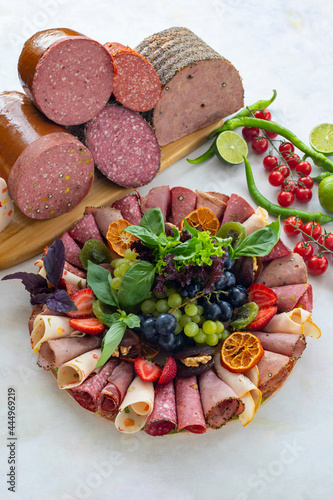 Meat plate on a white wooden background. Set of Salami. Cold cuts of different types of meat. Antipasto set platter. meat snack plat. top view
