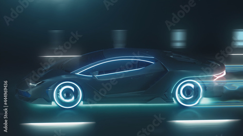 3d render Sports cyber neon car rushes on the night road with neon lights