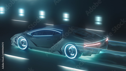 3d render Sports cyber neon car rushes on the night road with neon lights