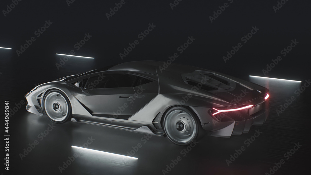 Naklejka premium 3d render A sports car drives at speed on a road with neon lights