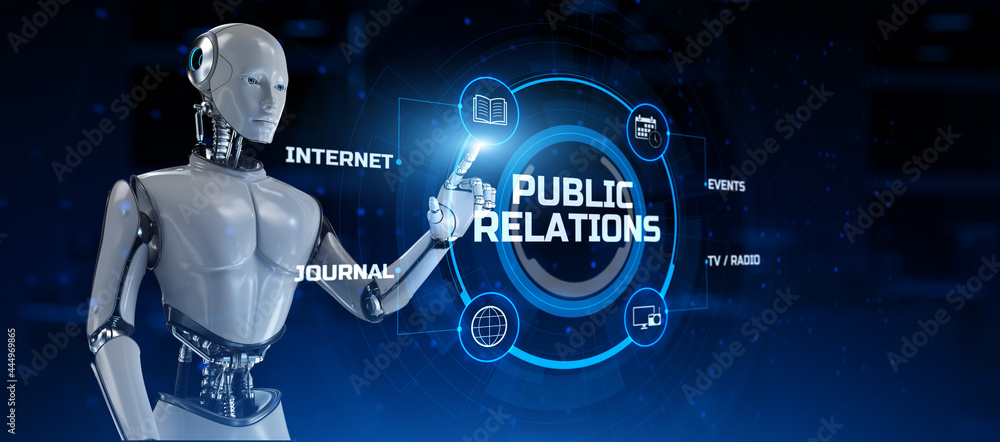 PR Public relations. Robot pressing virtual button 3d render illustration.