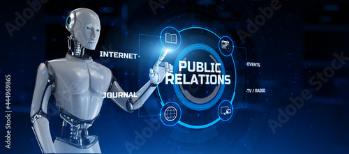Fototapeta Naklejka Na Ścianę i Meble -  PR Public relations. Robot pressing virtual button 3d render illustration.