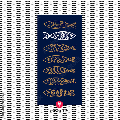 Cute fish card. Motif with sardines.