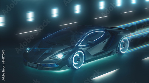 3d render Sports cyber neon car rushes on the night road with neon lights © davstudio