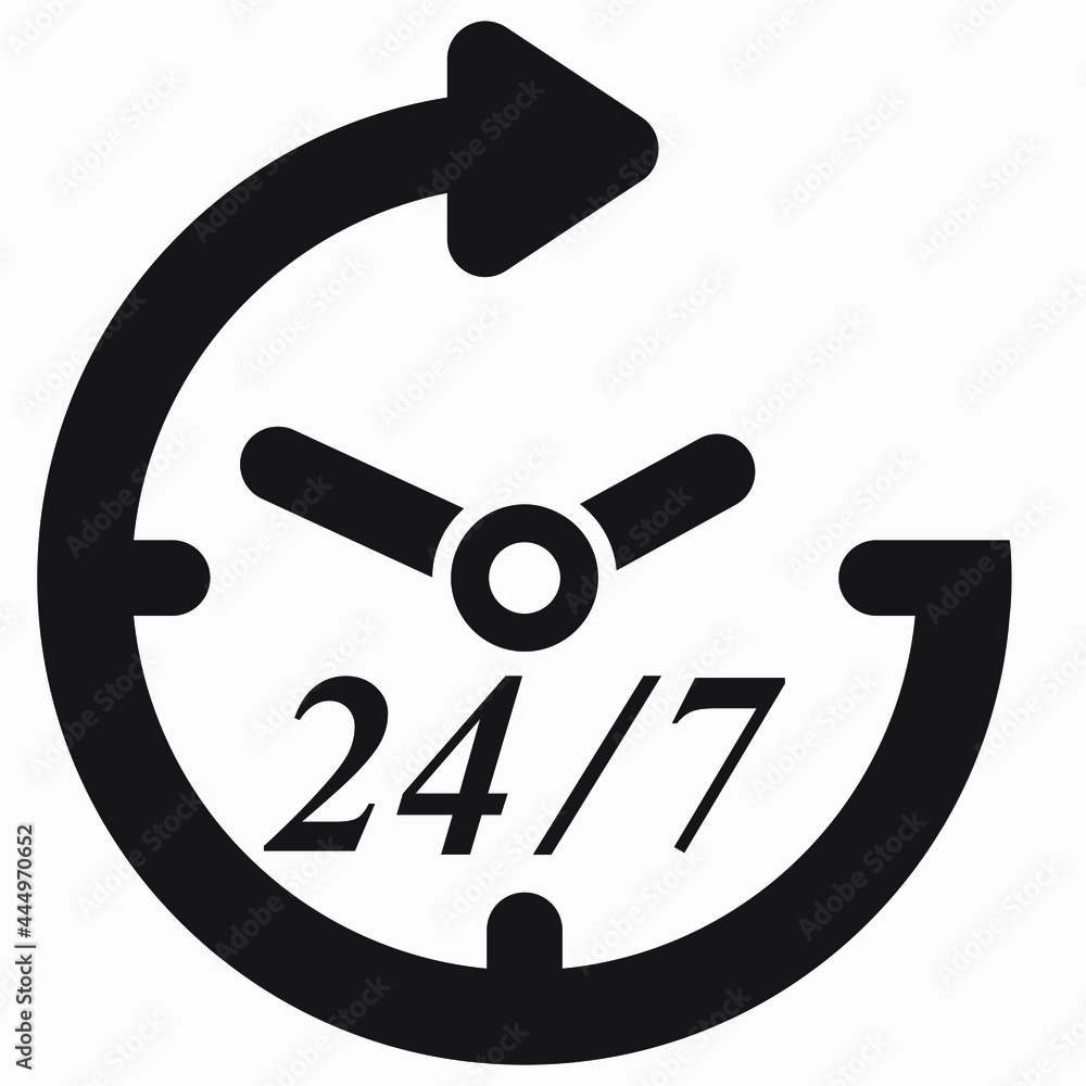Opening hours around the clock. Reception 24 hours a day. Clock and numerals 24 and 7. Vector icon. Opening hours around the clock. Reception 24 hours a day. Clock and numerals 24 and 7. Vector icon.