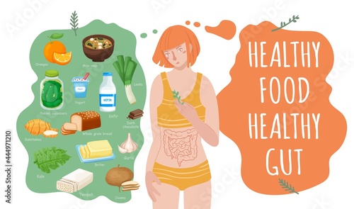 Top foods for gut health. Healthy products collection.