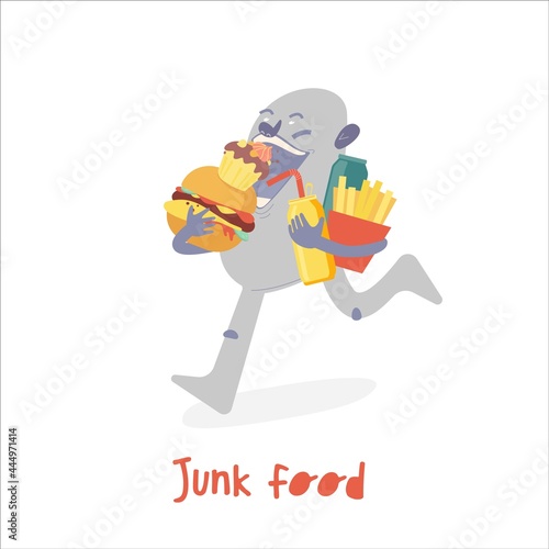 Junk food character eating too much. Harm to health concept