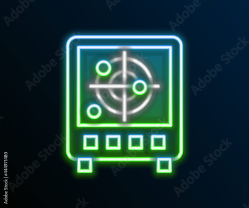 Glowing neon line Radar with targets on monitor in searching icon isolated on black background. Search system. Navy sonar. Colorful outline concept. Vector