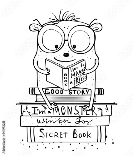 Funny cute monster reading books and study, adorable monochrome reading imaginary creature character for kids activity coloring book. Black and white outline coloring page.