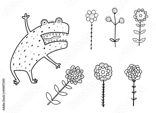 Funny angry and scary Alien monster with teeth and flowers for kids book. Imaginary creature for children coloring book, black and white outline fantasy cartoon for coloring pages.