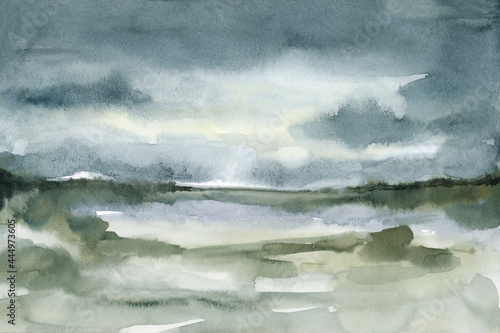 Abstract watercolor landscape of stormy dark sky cloud and field wall art or greeting cards and designs