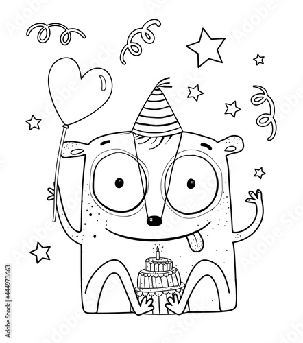 Funny cute monster birthday party celebration, adorable monochrome imaginary festive creature character for kids activity coloring book. Black and white outline coloring page.