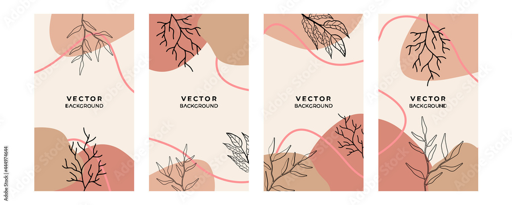 Abstract organic background vector. Earth tone minimal style wallpaper with foliage line art floral and botanical leaves, Organic shapes. Vector background for cover, banner, poster, Web and packaging