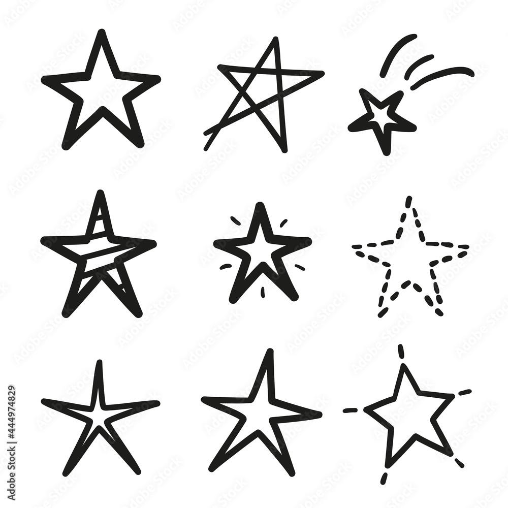 Hand drawn black stars on isolated white background. Black and white illustration