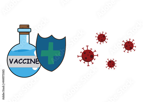 Vector illustration of a vaccine bottle and shield symbolizing immunity protection from viruses. Suitable for health, medical, and vaccination campaign designs