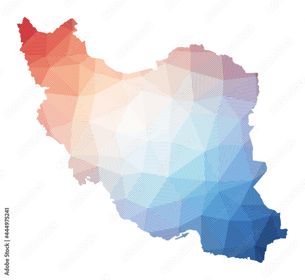 Map of Iran. Low poly illustration of the country. Geometric design with stripes. Technology, internet, network concept. Vector illustration. Map of Iran. Low poly illustration of the country. Geometric design with stripes. Technology, internet, network concept. Vector illustration.