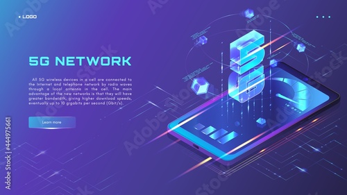 5G network website banner, web page design template. 5th generation mobile internet, isometric neon vector illustration