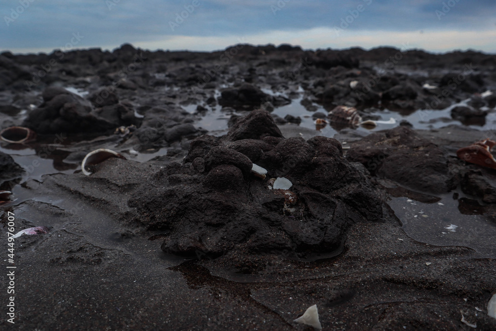Obraz premium Playa sucia, playa rocosa, suciedad, contaminación