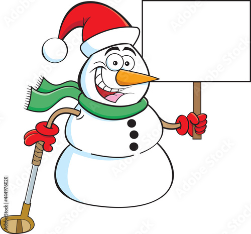 Cartoon illustration of a snowman wearing a Santa hat while holding a golf club and a sign.