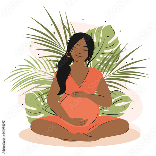 Pregnant woman woman with dark hair and skin meditates on the nature. Concept for yoga, meditation, health, care, pregnancy. Vector illustration