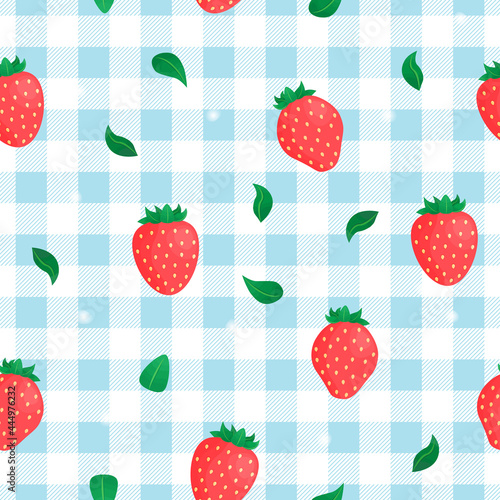 Vector seamless pattern with strawberry on blue background. For spring and summer decoration, fest invitations, fabric, kitchen textile, towels print, gift and wrapping paper, cover of cooking book.