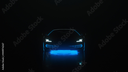 3d render sports car with neon lights goes to the camera on a black background