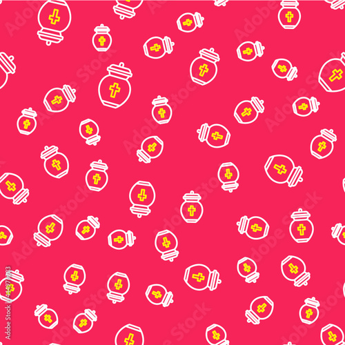 Line Funeral urn icon isolated seamless pattern on red background. Cremation and burial containers, columbarium vases, jars and pots with ashes. Vector