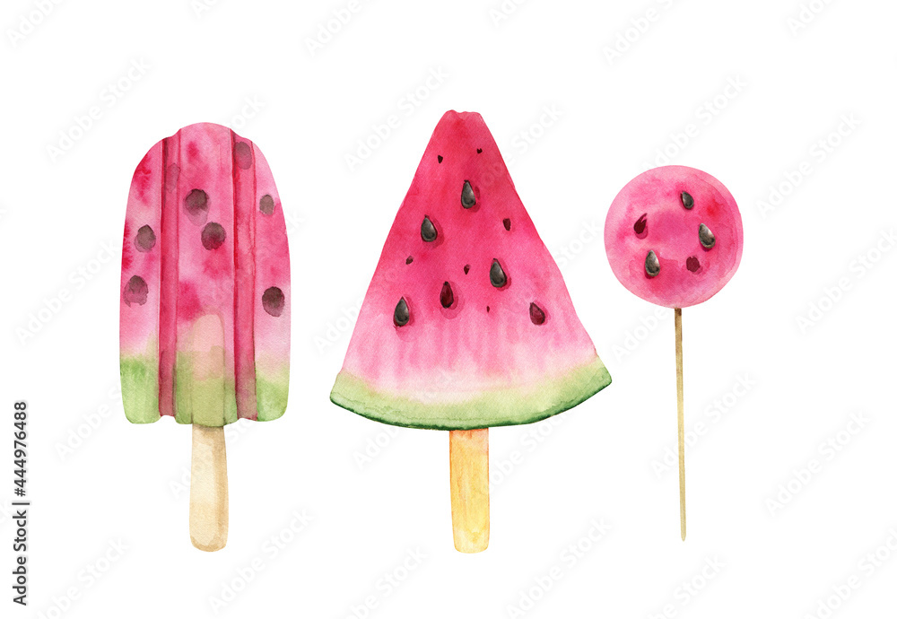 watermelon fruit and sweets set, watercolor illustration hand painted. watermelon fruit and sweets set, watercolor illustration hand painted.