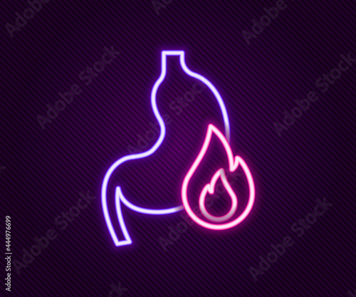 Glowing neon line Stomach heartburn icon isolated on black background. Stomach burn. Gastritis and acid reflux, indigestion and stomach pain problems. Colorful outline concept. Vector