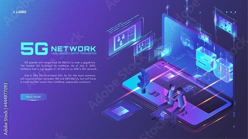 5G network website banner, web page design template, isometric neon vector illustration. High speed data transfer.