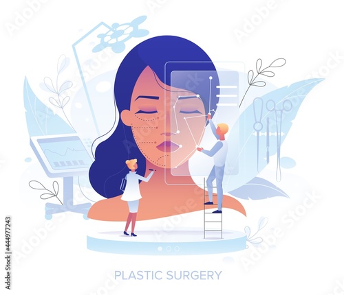 Doctor plastic surgeon drawing incision lines on female face, vector illustration. Plastic surgery. Facial contouring.