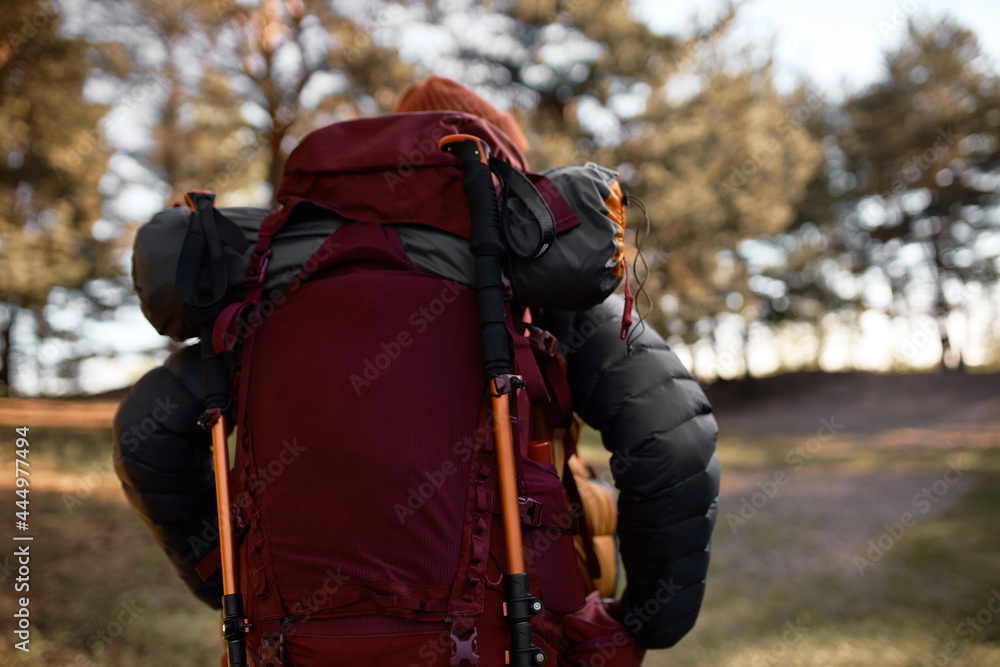Man climbing on hill for camping trip. Travel all by yourself. Equipment in bag for active tourism, sporty lifestyle. Explore new forest path. Travelling, hiking and adventure time concept Man climbing on hill for camping trip. Travel all by yourself. Equipment in bag for active tourism, sporty lifestyle. Explore new forest path. Travelling, hiking and adventure time concept