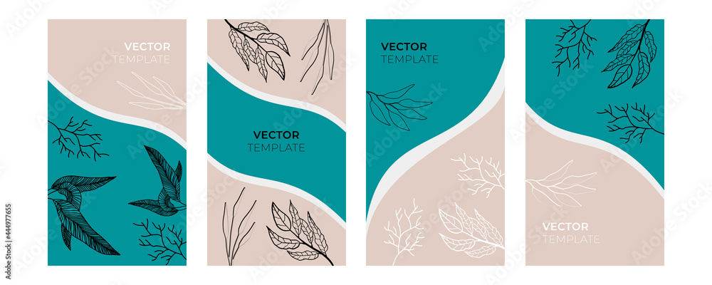 Vector design templates in simple modern style with copy space for text, flowers and leaves - wedding invitation backgrounds and frames, social media stories wallpapers