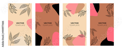 Vector design templates in simple modern style with copy space for text, flowers and leaves - wedding invitation backgrounds and frames, social media stories wallpapers