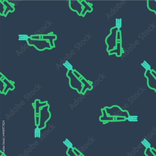 Line Fishing harpoon icon isolated seamless pattern on blue background. Fishery manufacturers for catching fish under water. Diving underwater equipment. Vector