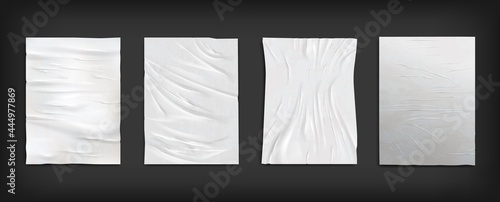 White wet wrinkled creased paper sheets, posters glued to street wall mockup set. Crumpled paper texture, vector.