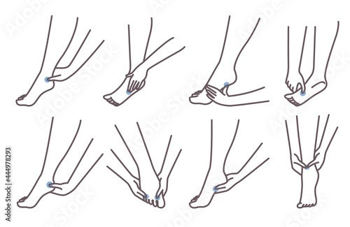 Acupressure foot massage technique. Female character pressing points on feet, vector illustration. Chinese medicine.