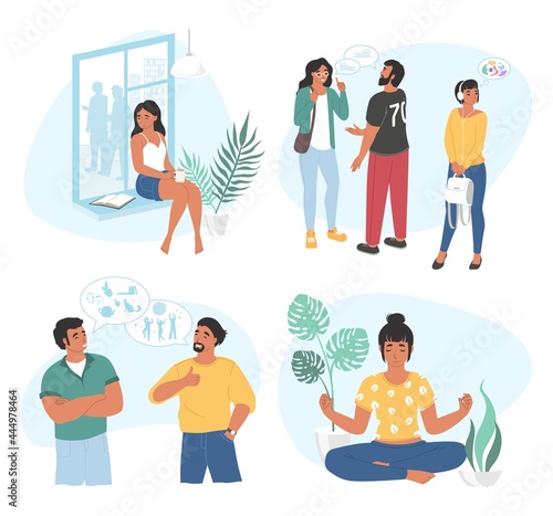 Extrovert and introvert. Extraverted and introverted mindset people. Extraversion, introversion, vector illustration.