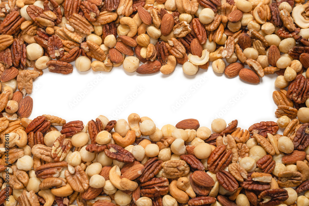 Mix of nuts isolated on white background. Top view. Mix of nuts isolated on white background. Top view.