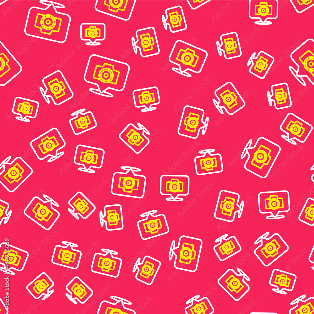 Line Photo camera icon isolated seamless pattern on red background. Foto camera. Digital photography. Vector Line Photo camera icon isolated seamless pattern on red background. Foto camera. Digital photography. Vector