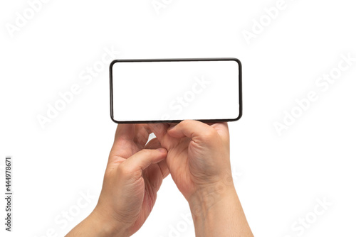 Smart phone in man hand isolated on white background.  White screen.